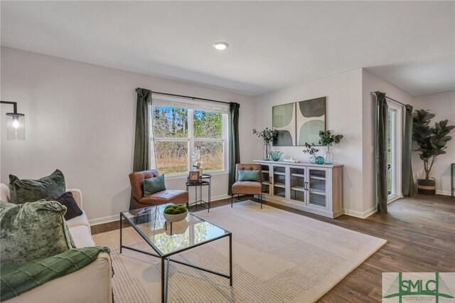living area featuring recessed lighting, wood finished floors, and baseboards