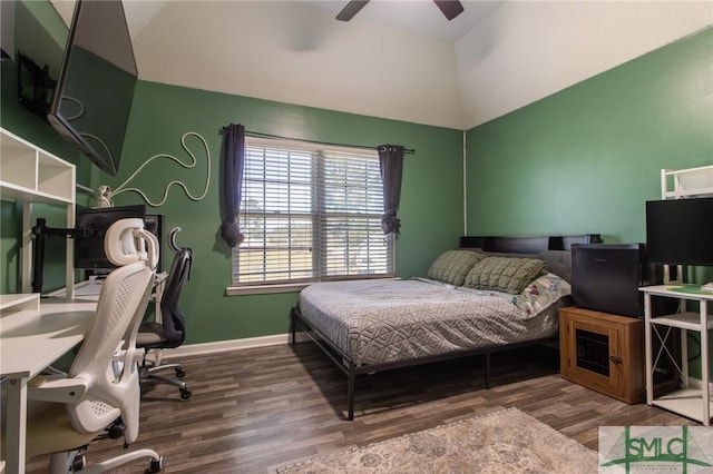 126 NE Owens St, Ludowici, GA 31316 - bedroom with ceiling fan, baseboards, high vaulted ceiling, and wood finished floors