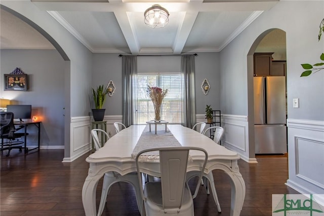 126 NE Owens St, Ludowici, GA 31316 - dining room featuring dark wood-style floors, coffered ceiling, arched walkways, wainscoting, and beamed ceiling