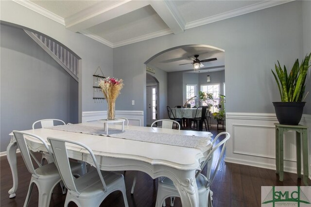 126 NE Owens St, Ludowici, GA 31316 - dining area featuring ceiling fan, beam ceiling, wainscoting, arched walkways, and dark wood-style flooring