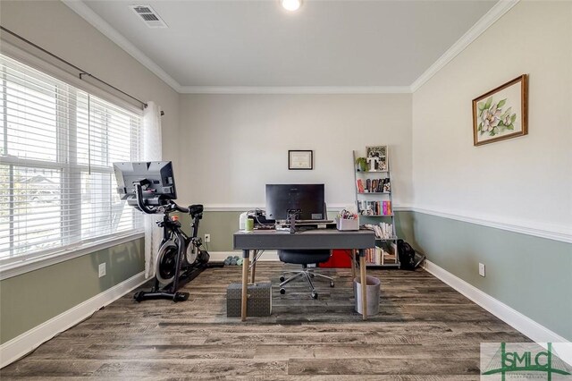 55 Saddlebrush Rd, Ellabell, GA 31308 - office featuring crown molding, wood finished floors, and a healthy amount of sunlight