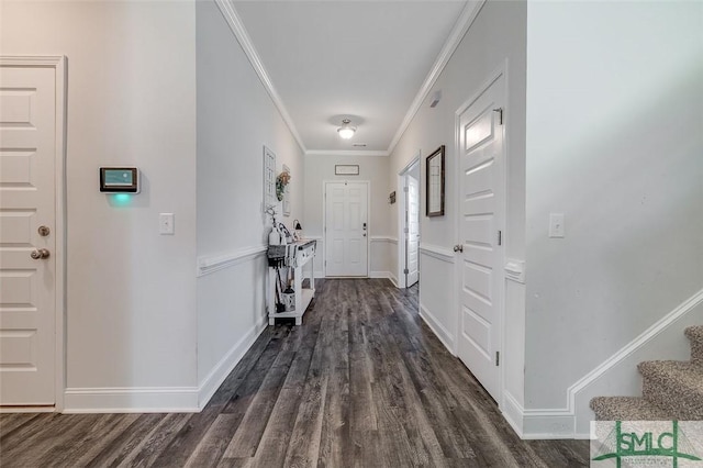 55 Saddlebrush Rd, Ellabell, GA 31308 - hall with stairway, dark wood-style flooring, baseboards, and ornamental molding