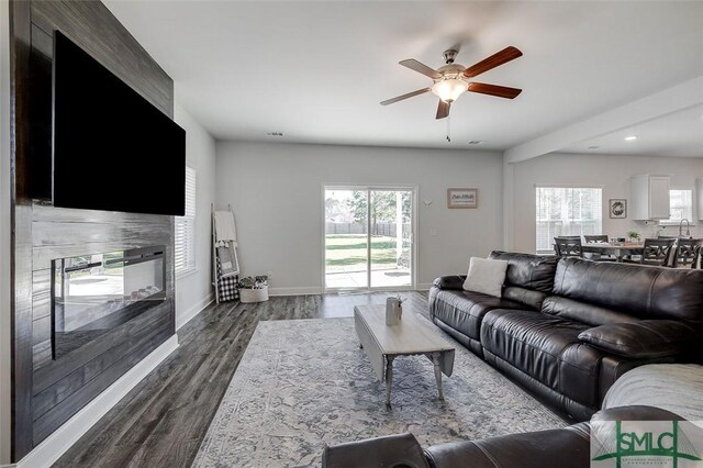 55 Saddlebrush Rd, Ellabell, GA 31308 - living room with a glass covered fireplace, plenty of natural light, dark wood-style floors, and ceiling fan