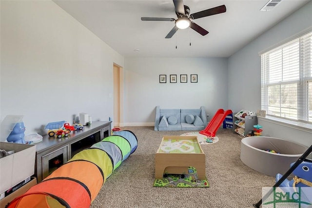55 Saddlebrush Rd, Ellabell, GA 31308 - playroom featuring carpet flooring, a ceiling fan, and visible vents