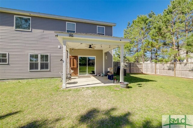 55 Saddlebrush Rd, Ellabell, GA 31308 - back of house featuring a yard, a patio area, fence, and ceiling fan