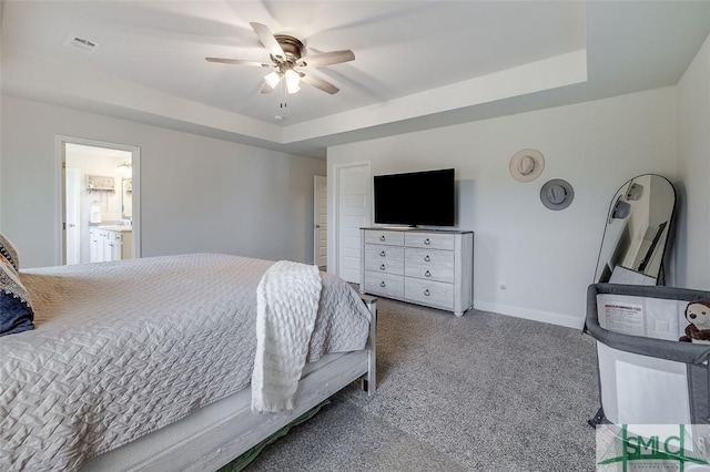 55 Saddlebrush Rd, Ellabell, GA 31308 - bedroom featuring baseboards, a raised ceiling, visible vents, ceiling fan, and carpet