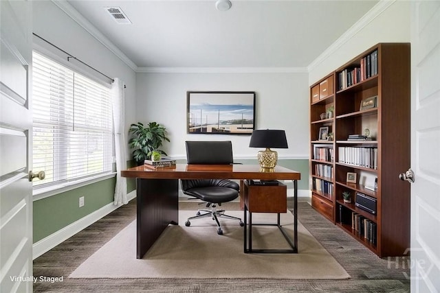 55 Saddlebrush Rd, Ellabell, GA 31308 - office space featuring dark wood-style floors, healthy amount of natural light, ornamental molding, and baseboards