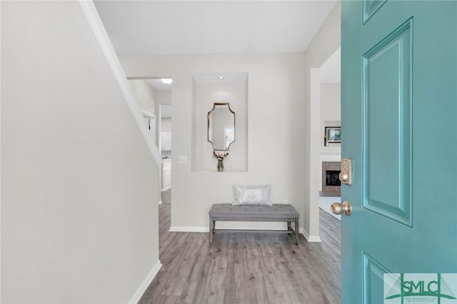 foyer featuring a fireplace, wood finished floors, and baseboards
