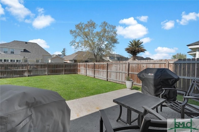 view of patio / terrace with grilling area, a residential view, and a fenced backyard