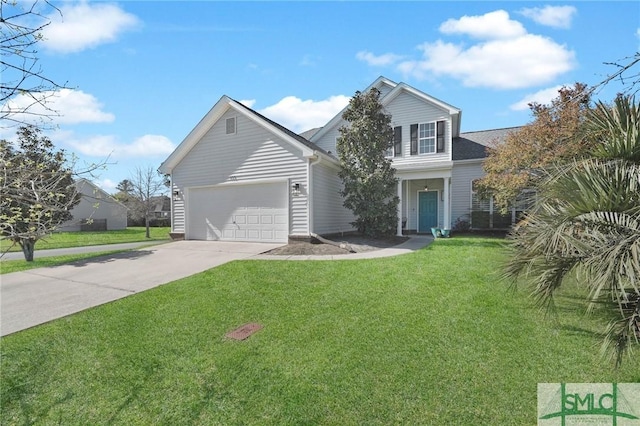 traditional-style house featuring a garage, concrete driveway, and a front lawn