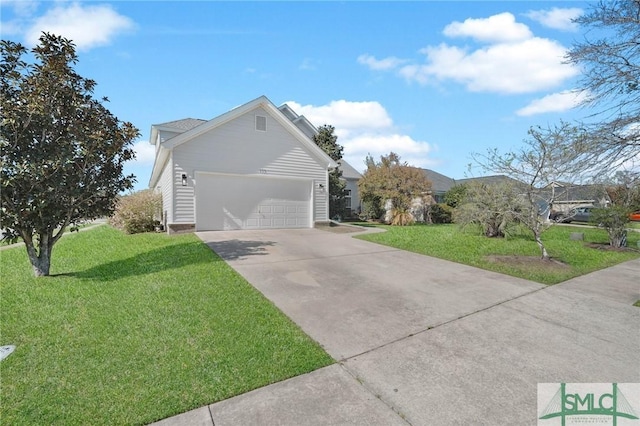 view of side of home featuring a lawn, concrete driveway, and an attached garage