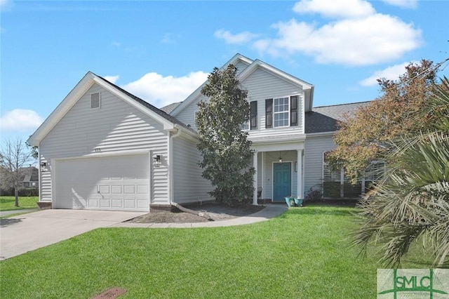 traditional-style house featuring a front lawn, an attached garage, driveway, and a shingled roof