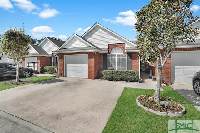 single story home with concrete driveway, brick siding, and a garage