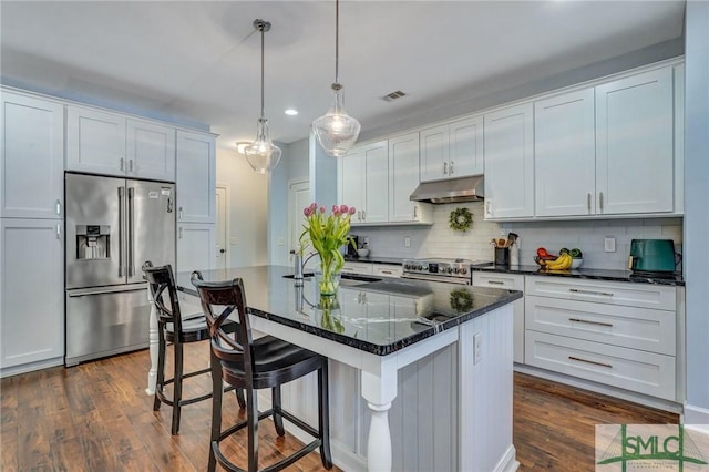 kitchen with recessed lighting, a sink, dark wood-style flooring, under cabinet range hood, and appliances with stainless steel finishes