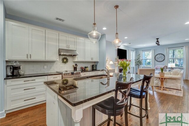 kitchen with a sink, stainless steel range with electric cooktop, under cabinet range hood, open floor plan, and dark wood-type flooring