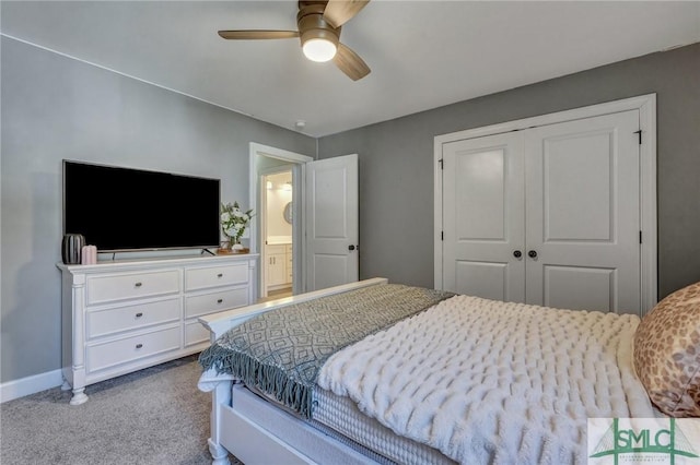 carpeted bedroom with baseboards, ceiling fan, and a closet