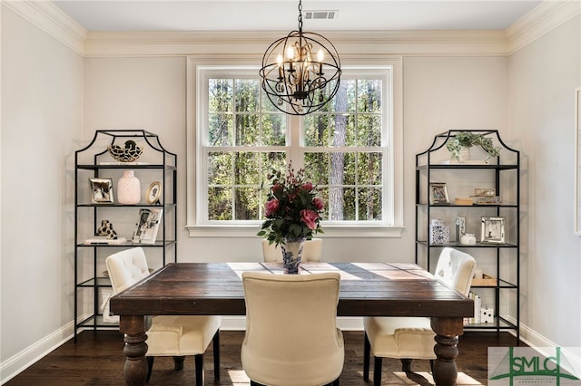 103 Cornerstone Dr, Springfield, GA 31329 - dining space with a chandelier, dark wood-style flooring, healthy amount of natural light, and crown molding