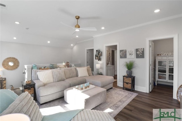 117 Hope Ln Unit A, Savannah, GA 31406 - living area featuring crown molding, wood finished floors, ceiling fan, recessed lighting, and baseboards