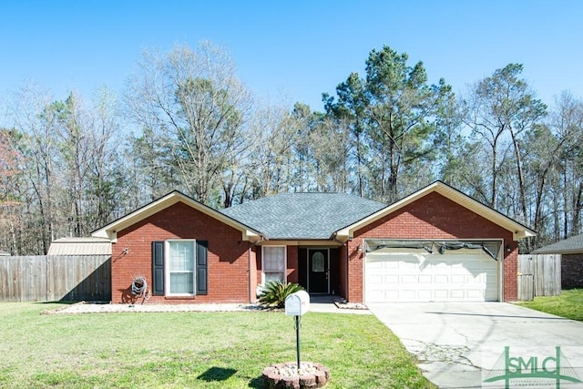 350 Clark St, Richmond Hill, GA 31324 - ranch-style home with a front lawn, an attached garage, fence, and brick siding