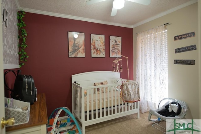 350 Clark St, Richmond Hill, GA 31324 - carpeted bedroom featuring a textured ceiling, ornamental molding, and a ceiling fan
