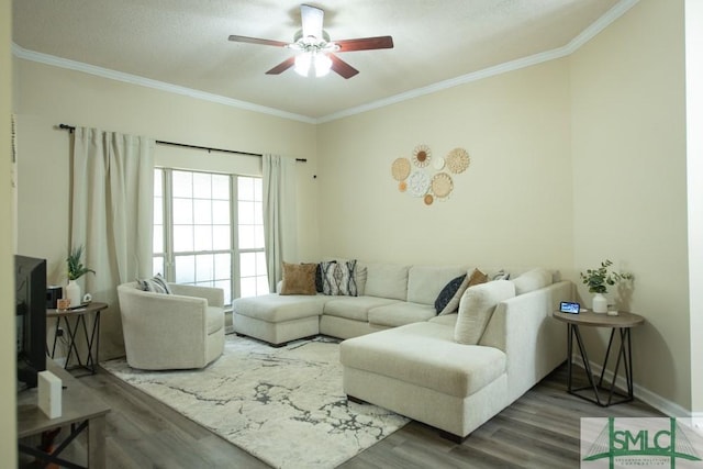 350 Clark St, Richmond Hill, GA 31324 - living area with wood finished floors, crown molding, a ceiling fan, and baseboards