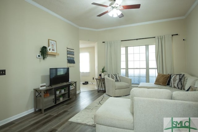 350 Clark St, Richmond Hill, GA 31324 - living area featuring baseboards, wood finished floors, ceiling fan, and crown molding