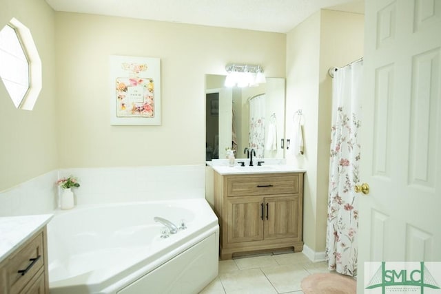 350 Clark St, Richmond Hill, GA 31324 - full bath with tile patterned floors, a shower with shower curtain, a bath, and vanity