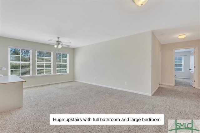 unfurnished living room featuring ceiling fan, carpet, and baseboards