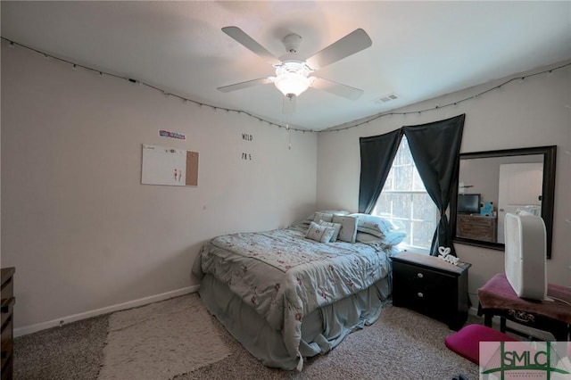 30 Walker Ct, Richmond Hill, GA 31324 - bedroom with baseboards, visible vents, carpet, and a ceiling fan