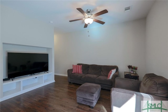 30 Walker Ct, Richmond Hill, GA 31324 - living area featuring dark wood-style floors, visible vents, and ceiling fan