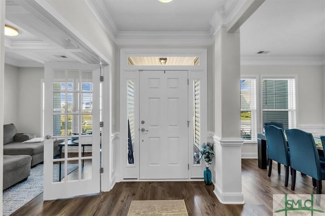 52 Shoefstall St, Port Wentworth, GA 31407 - foyer entrance with baseboards, dark wood-style flooring, ornamental molding, and visible vents