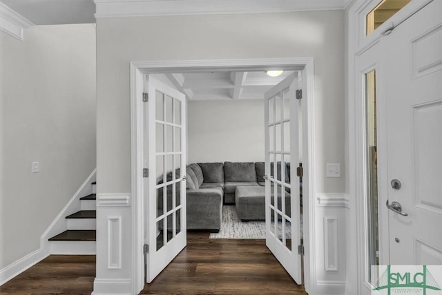 52 Shoefstall St, Port Wentworth, GA 31407 - entryway featuring coffered ceiling, stairway, french doors, beam ceiling, and dark wood-style floors