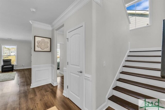 52 Shoefstall St, Port Wentworth, GA 31407 - stairs featuring baseboards, ornamental molding, and wood finished floors