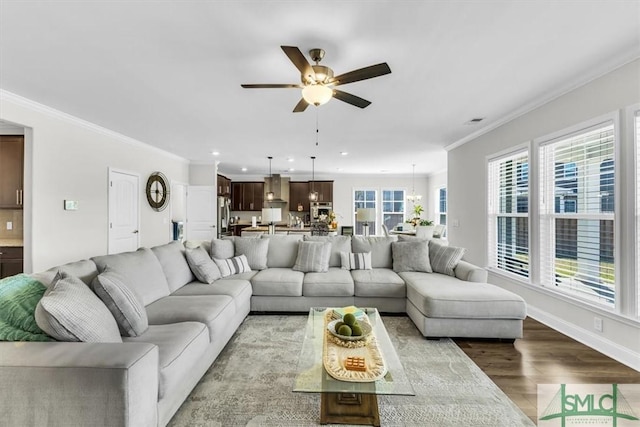 52 Shoefstall St, Port Wentworth, GA 31407 - living area featuring plenty of natural light, dark wood-style floors, crown molding, and ceiling fan
