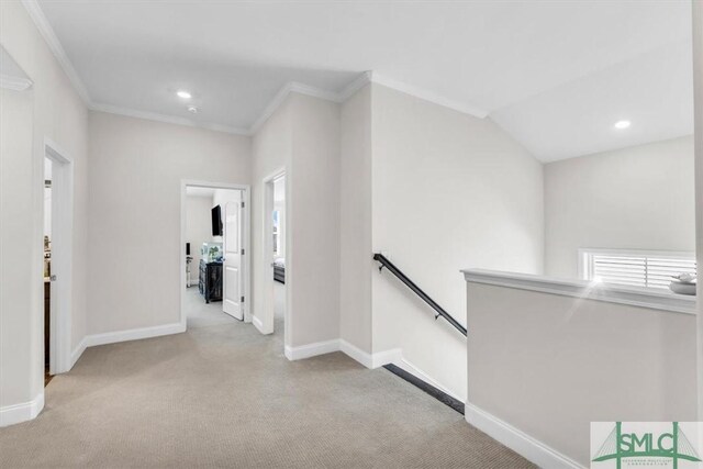 52 Shoefstall St, Port Wentworth, GA 31407 - hallway with baseboards, carpet flooring, an upstairs landing, and ornamental molding