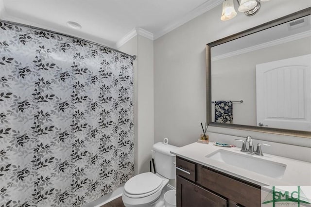 52 Shoefstall St, Port Wentworth, GA 31407 - bathroom featuring toilet, curtained shower, vanity, visible vents, and ornamental molding