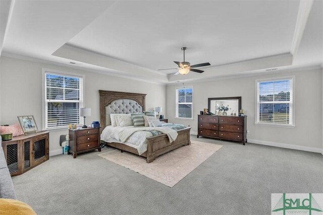 52 Shoefstall St, Port Wentworth, GA 31407 - carpeted bedroom featuring ornamental molding, a tray ceiling, baseboards, and ceiling fan