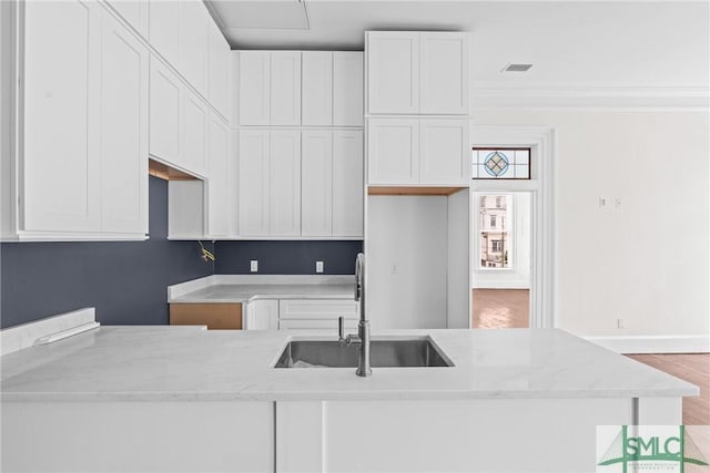 417 Whitaker St, Savannah, GA 31401 - kitchen featuring a sink, white cabinetry, light stone counters, crown molding, and wood finished floors