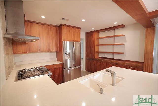 22 Colonel Estill Ave, Savannah, GA 31406 - kitchen featuring stainless steel fridge with ice dispenser, exhaust hood, open shelves, a sink, and stovetop