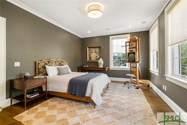5091/2 Tattnall St, Savannah, GA 31401 - bedroom with baseboards, visible vents, wood finished floors, and ornamental molding