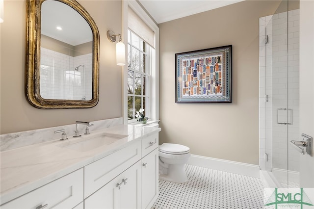 5091/2 Tattnall St, Savannah, GA 31401 - bathroom featuring toilet, vanity, baseboards, and a shower stall
