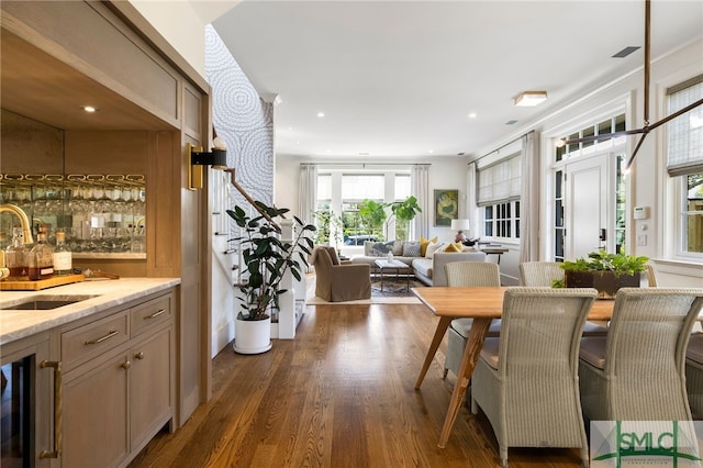 5091/2 Tattnall St, Savannah, GA 31401 - dining area featuring wet bar, recessed lighting, wine cooler, and dark wood finished floors