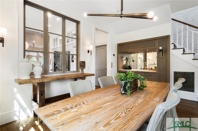 5091/2 Tattnall St, Savannah, GA 31401 - dining space featuring stairs, visible vents, vaulted ceiling, and wood finished floors