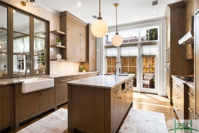 5091/2 Tattnall St, Savannah, GA 31401 - kitchen with a sink, open shelves, light stone counters, and tasteful backsplash
