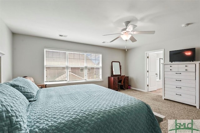 95 Glen Way, Richmond Hill, GA 31324 - bedroom with light colored carpet, baseboards, and ceiling fan