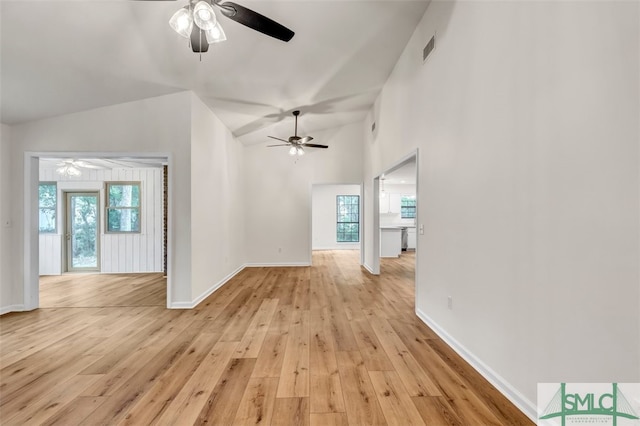 unfurnished living room featuring a ceiling fan, visible vents, and vaulted ceiling