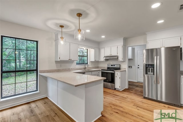 kitchen with under cabinet range hood, stainless steel appliances, light wood-type flooring, a peninsula, and white cabinetry