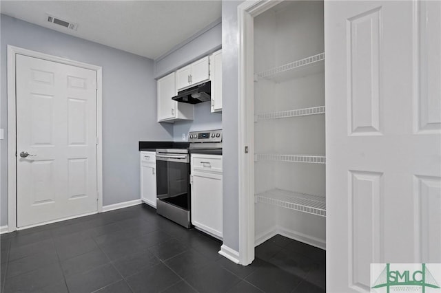 210 Mulberry Way, Rincon, GA 31326 - kitchen with stainless steel electric range oven, under cabinet range hood, white cabinetry, baseboards, and dark tile patterned floors