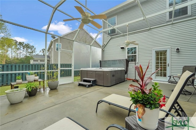 3286 Garden Hills Loop, Richmond Hill, GA 31324 - view of patio featuring fence, a ceiling fan, glass enclosure, and a hot tub