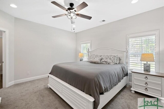 82 Rimmon Ct, Richmond Hill, GA 31324 - carpeted bedroom with baseboards, visible vents, recessed lighting, and a ceiling fan